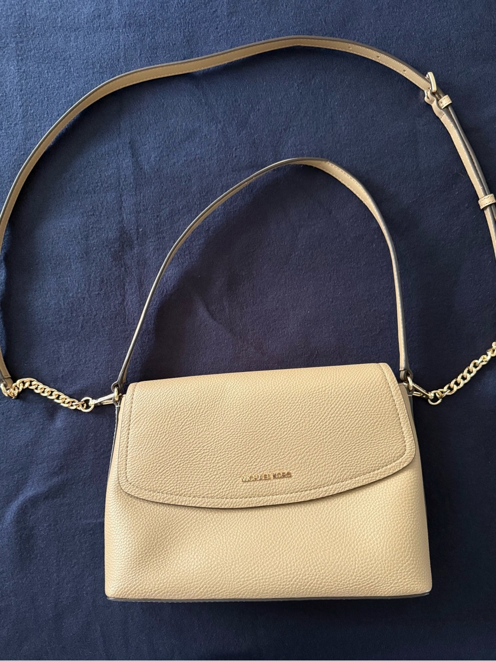 Michael Kors Beige Pebbled Leather Crossbody with Gold Chain